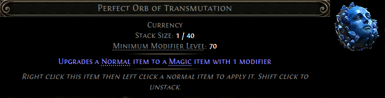 MMOJUGG Path of Exile 2 Perfect Transmutation * 100 Details View of Item Function and Use